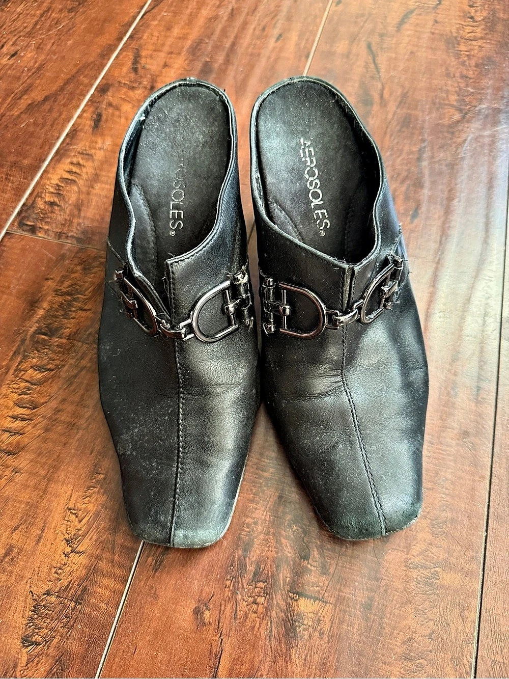 Aerosoles Black Buckle Mules Heels 6 1/2 square toe